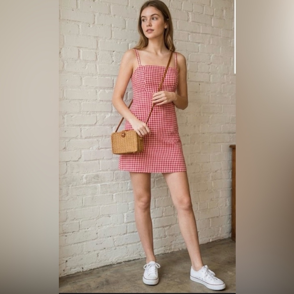 Brandy Melville Red Gingham Spaghetti Strap Mini Dress